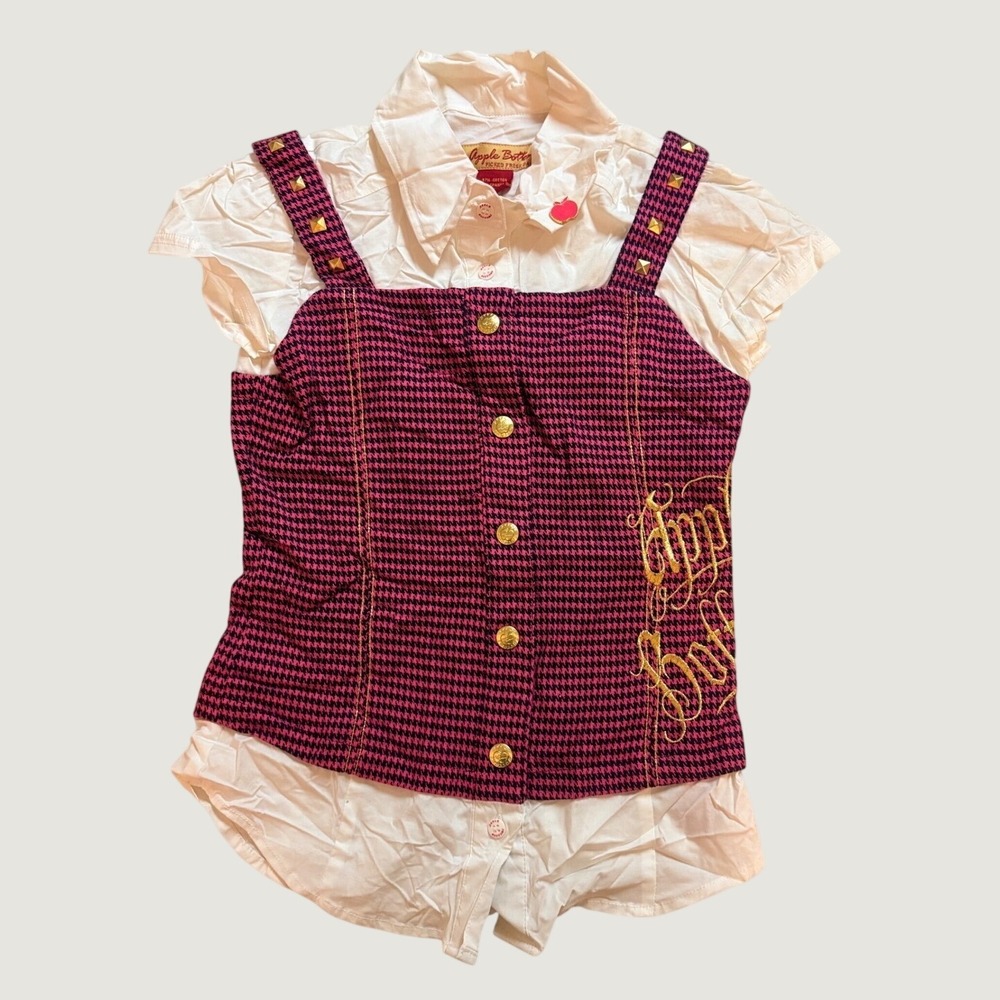 Y2K Apple Bottoms Rare Layered Houndstooth Vest Top Pink Gold Scene Emo #16
